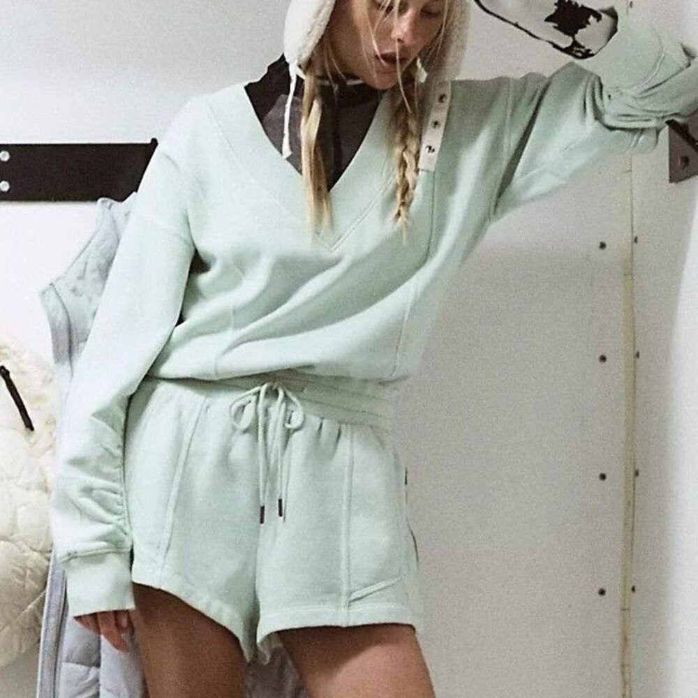 Free People FP Movement Intercept Romper Long Sleeve Ribbed Mint V Neck L 286587